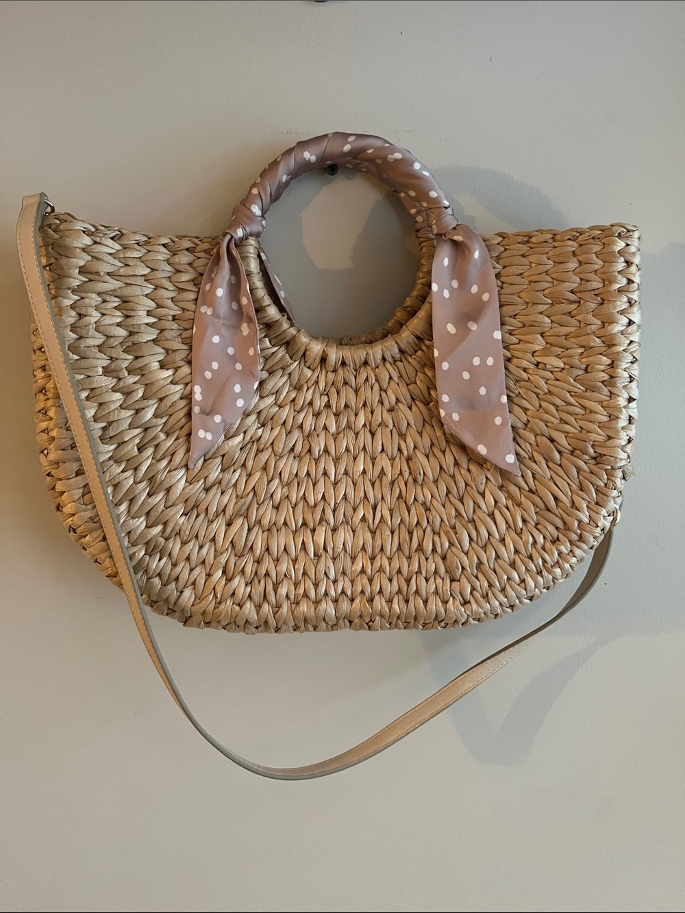 Lauren Conrad Woven Straw Tote with Polka Dot Scarf Handle - Beige